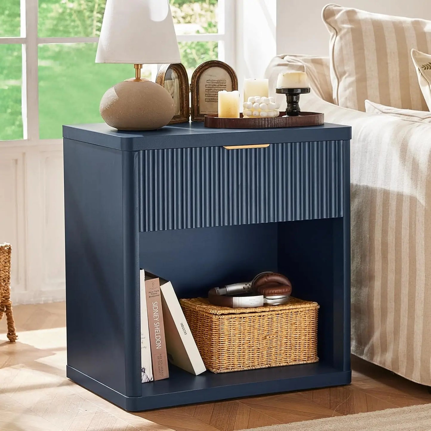 23 Inch Wide Fluted Night Stand Set of 2 with Charging Station and Drawers