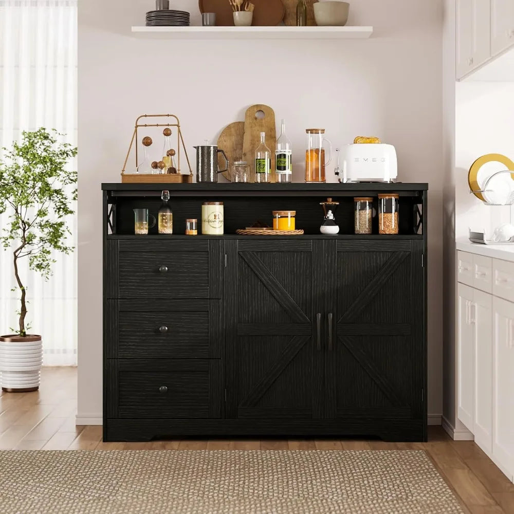 47 Inch Black Storage Cabinet Farmhouse Sideboard Buffet Kitchen Pantry
