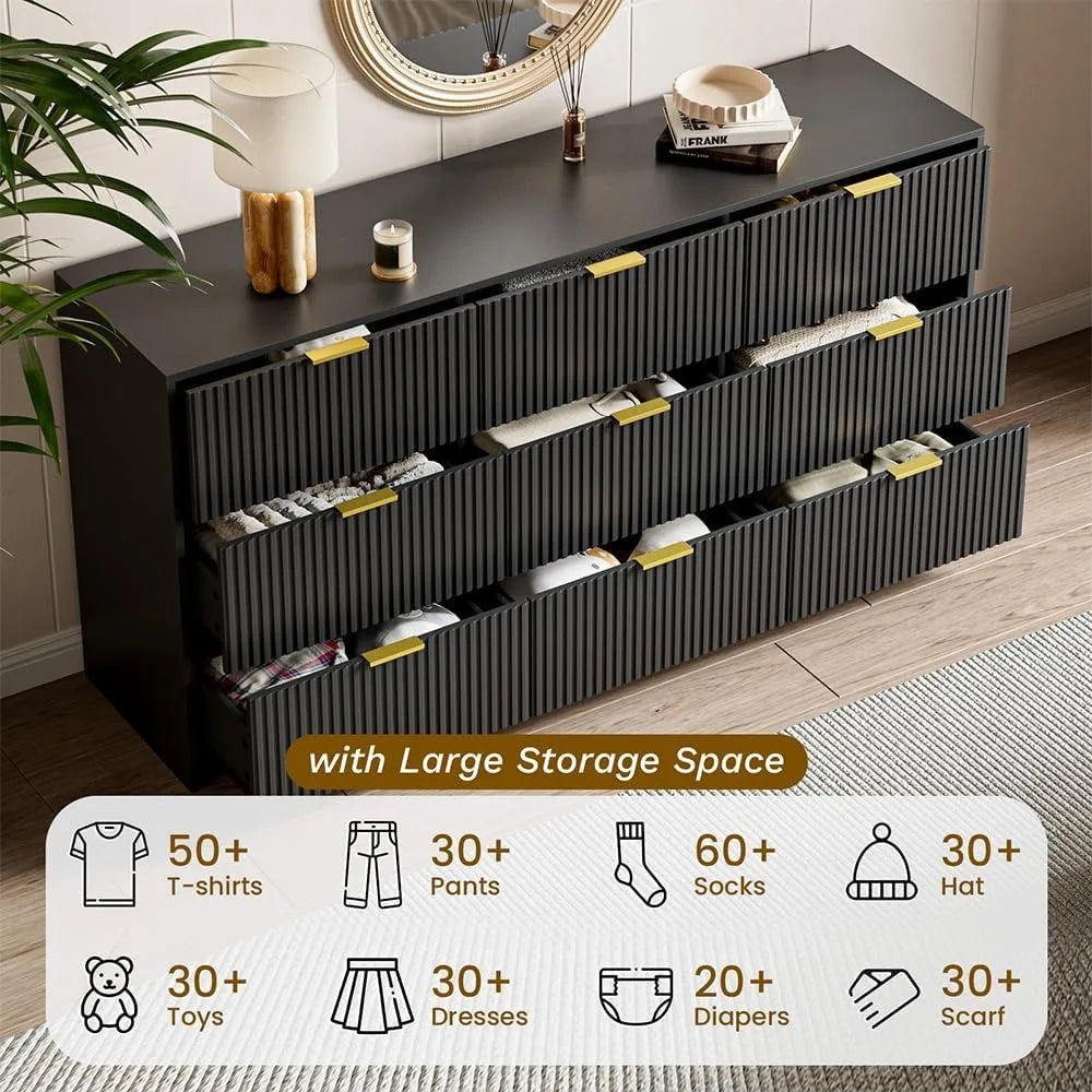 Black Dresser 9 Drawer Modern Chest of Drawers for Bedroom Living Room