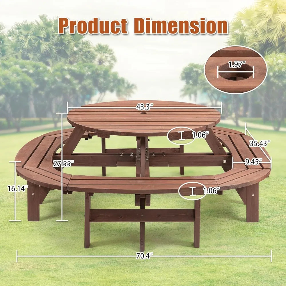10 Person Solid Wood Outdoor Round Picnic Table and Bench Set
