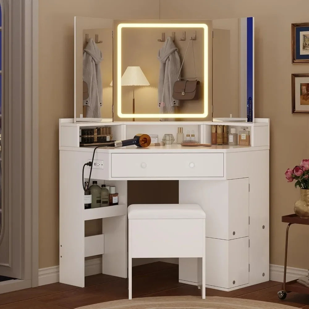 Modern Vanity Desk Tri-Fold Mirror Lights Storage Corner Makeup Table