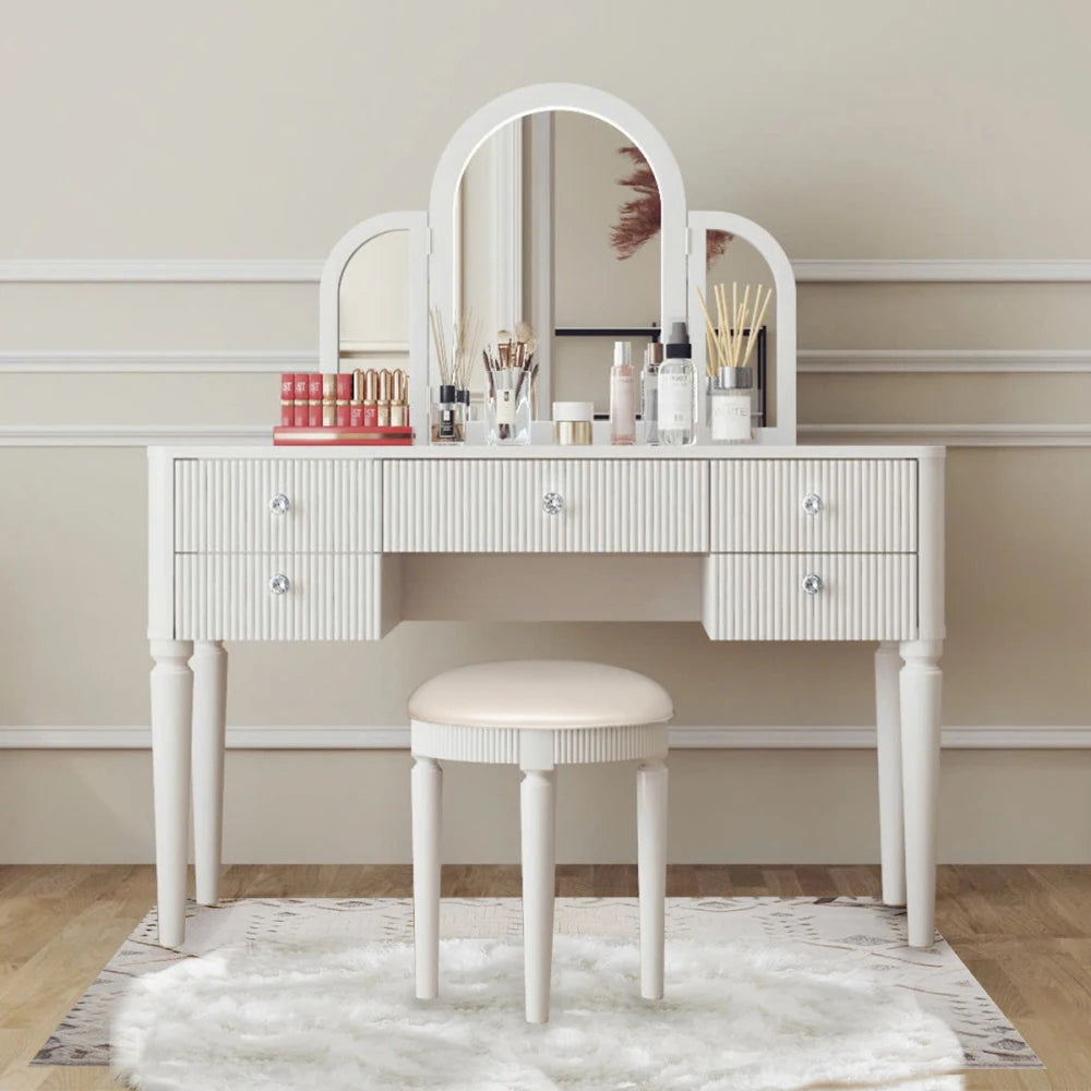 Luxury Mirrored Vanity Desk Set with Stool and Drawer Storage for Bedroom