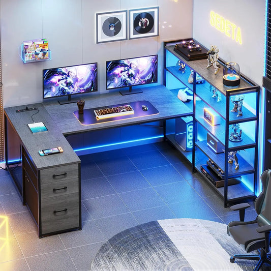 Reversible U Shaped Computer Desk with 3 Drawers Power Outlet LED Lights