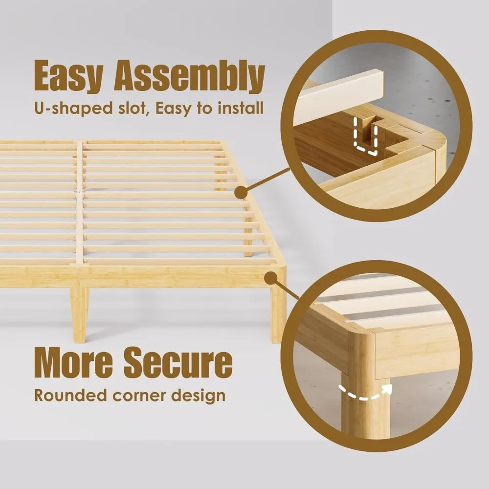 12 Inch High Bamboo King Bed Frame Platform Steel Slat Support Easy Assembly
