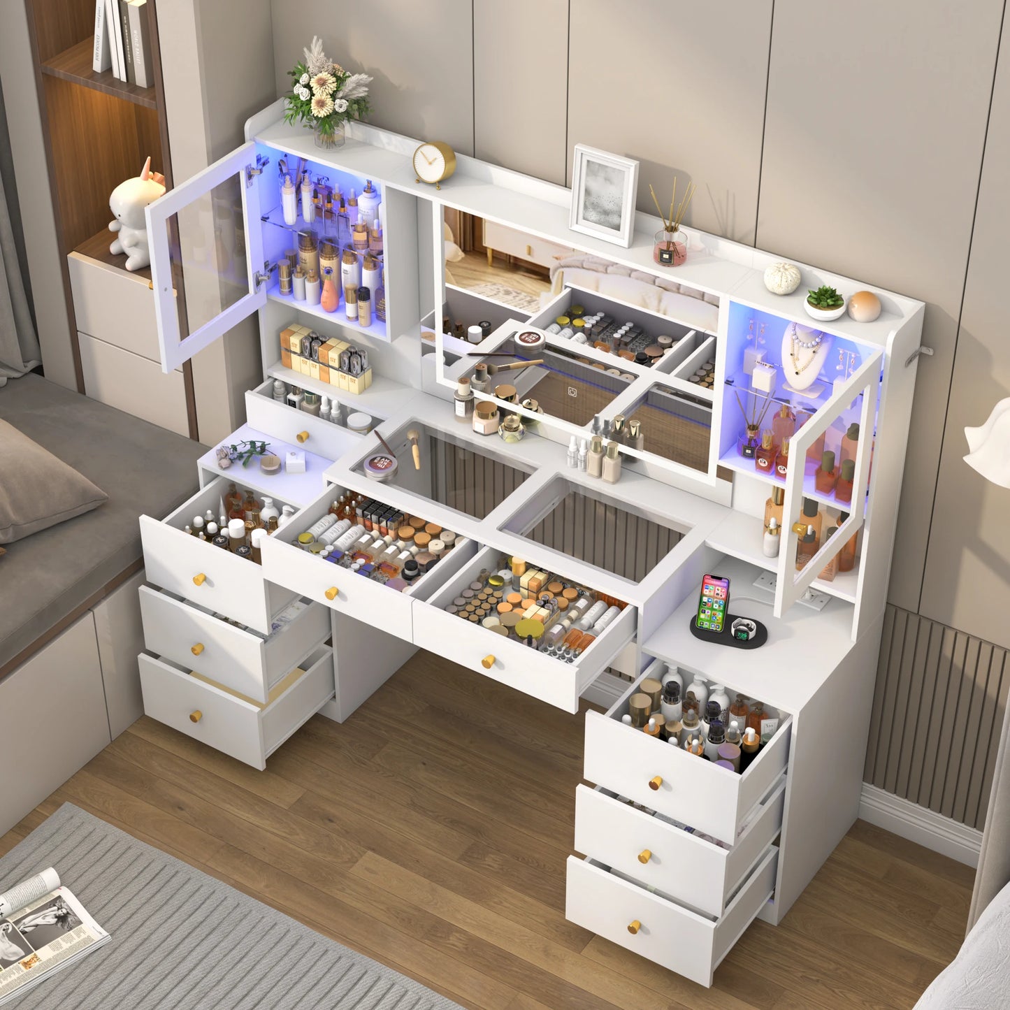 61.7" Large Vanity Desk with Mirror Lights Charging Station Storage