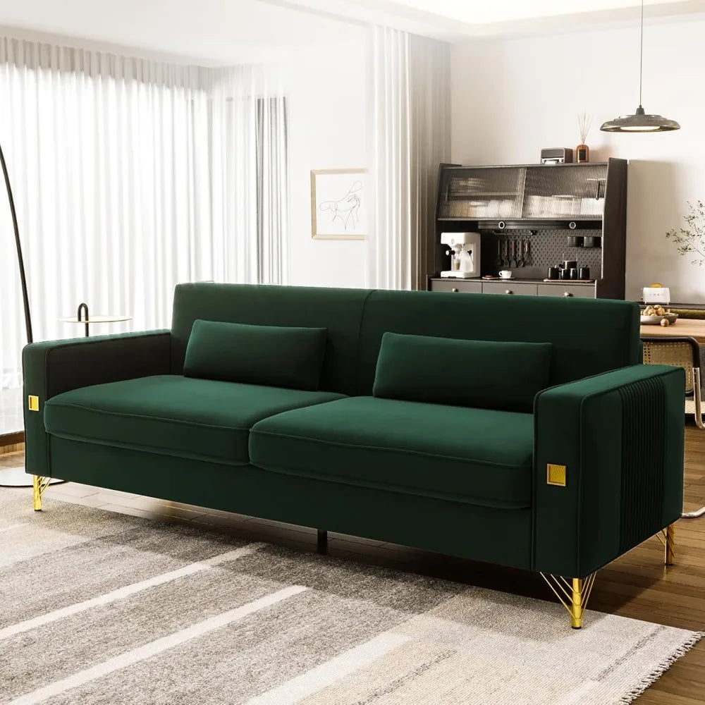85" Velvet Mid-Century Sofa Couch 3-Seater w/ Gold Legs & Pillows Modern Style