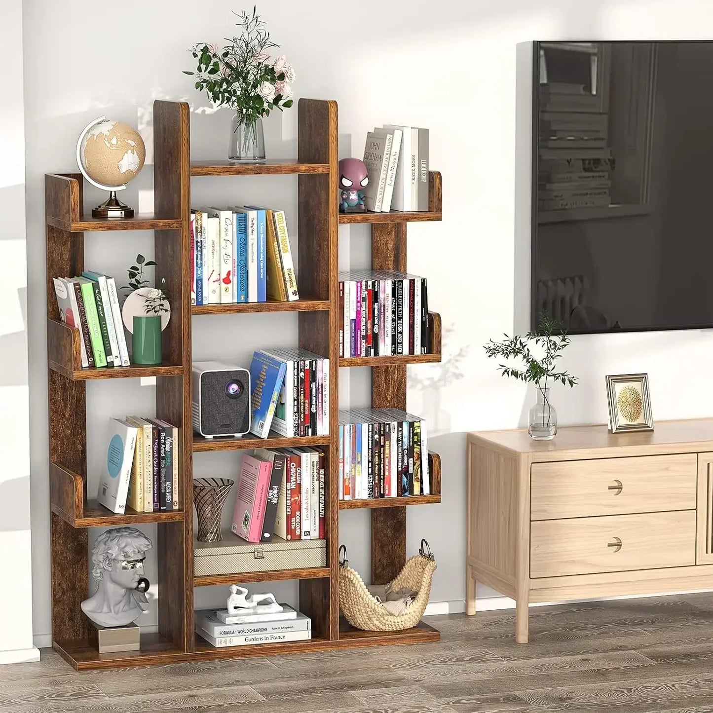 Tree-Shaped Bookshelf 13 Compartments Wooden Bookcase Storage Shelf