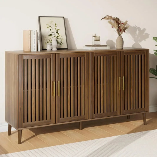 63 Inch Sideboard Buffet Storage Cabinet with Louvered Doors and Gold Handles