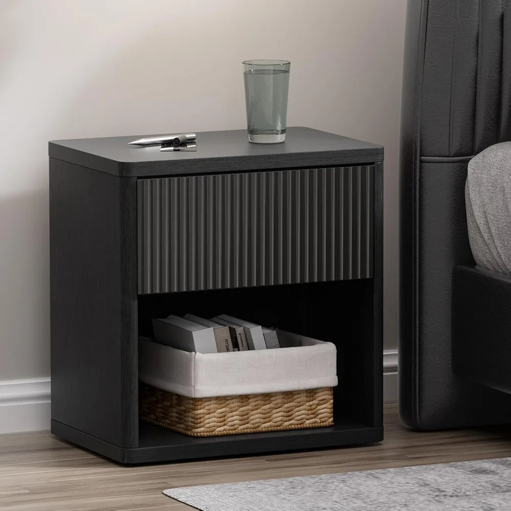 22.8" W Black Nightstand with Hidden Drawers Mid Century Modern Design