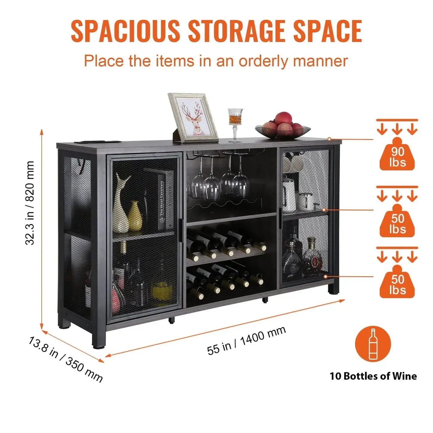 47 Inch Industrial Bar Cabinet Sideboard Buffet Freestanding Wine Rack