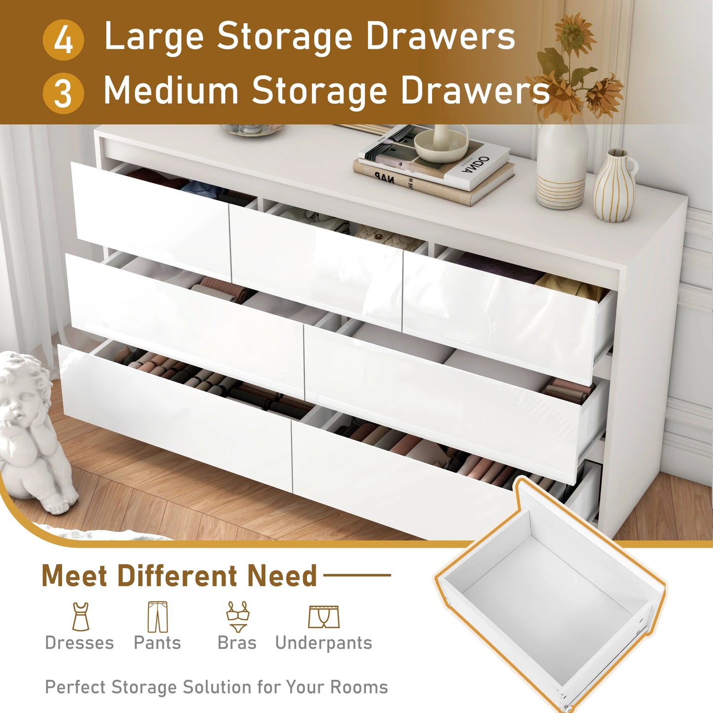 Modern 7 Drawer Dresser Spacious Storage High Gloss Bedroom Furniture
