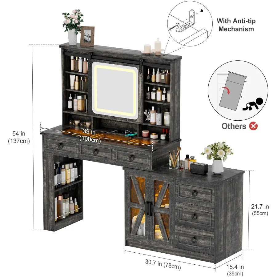 Farmhouse Vanity Desk Sliding Mirror Makeup Table Jewelry Storage 60W