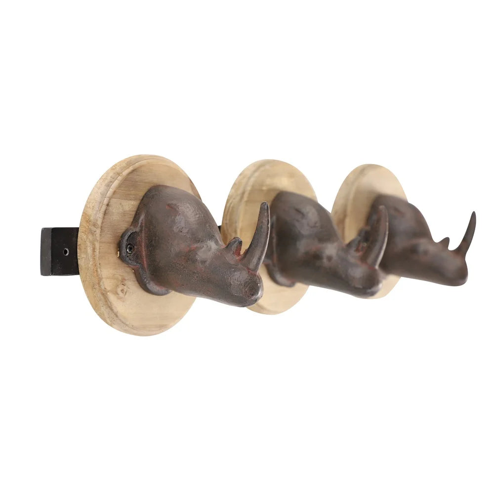 Wood and Metal Rhino Wall Mount Coat Rack with 3 Hooks Decorative Decor