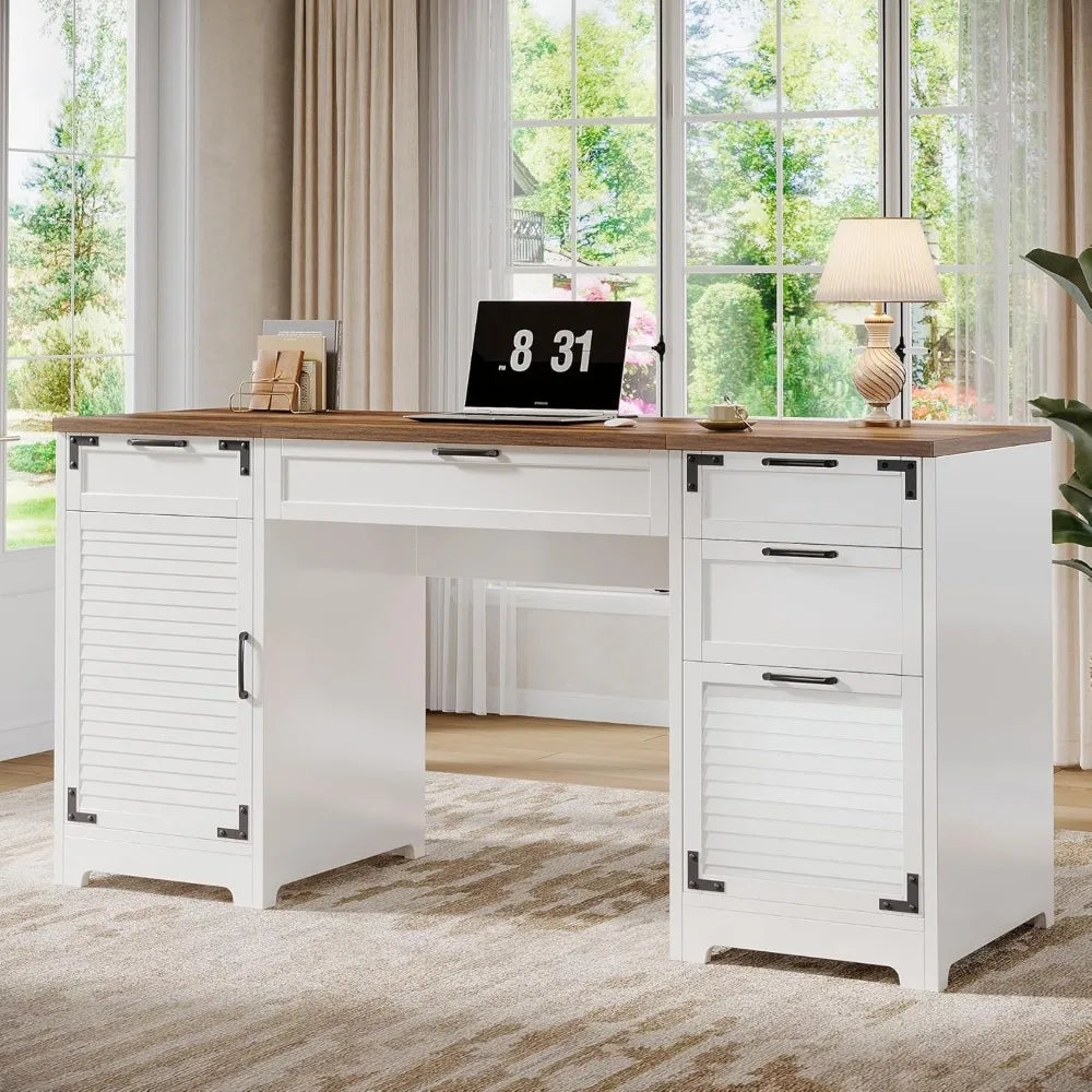59 Inch Farmhouse Executive Desk with Charging Station and Storage