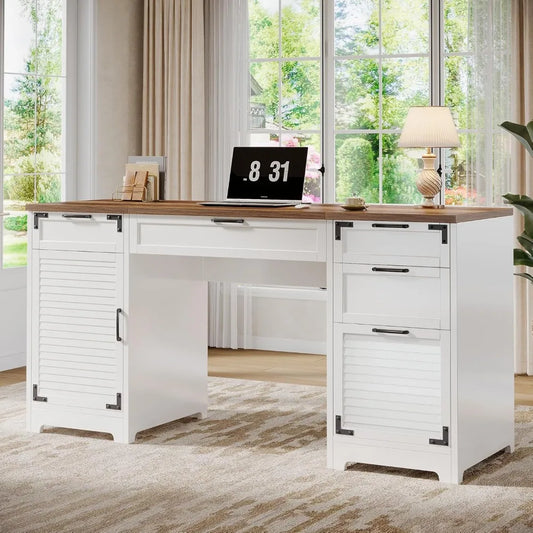 59 Inch Farmhouse Executive Desk with Charging Station and Storage