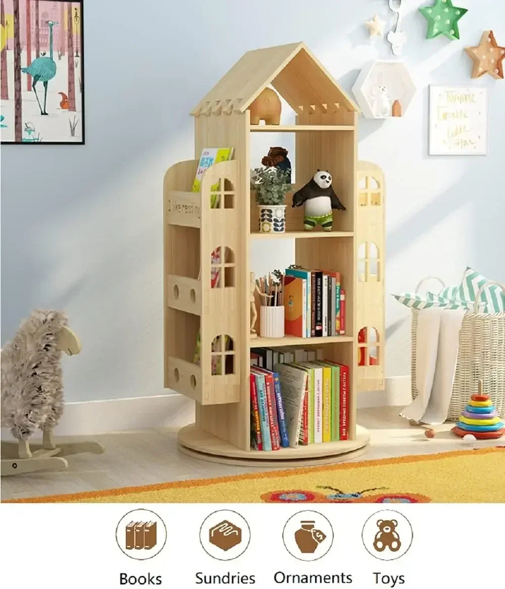 Rotating Bookshelf 360 Display Wooden Bookcase Storage Rack Kids Organizer