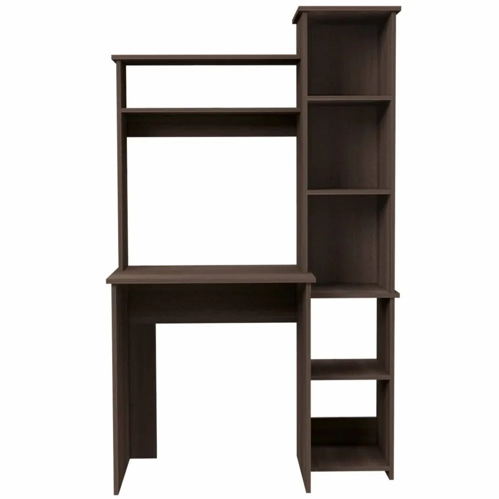 Smokey Oak Writing Desk with Built-in Bookcase and 6 Shelves