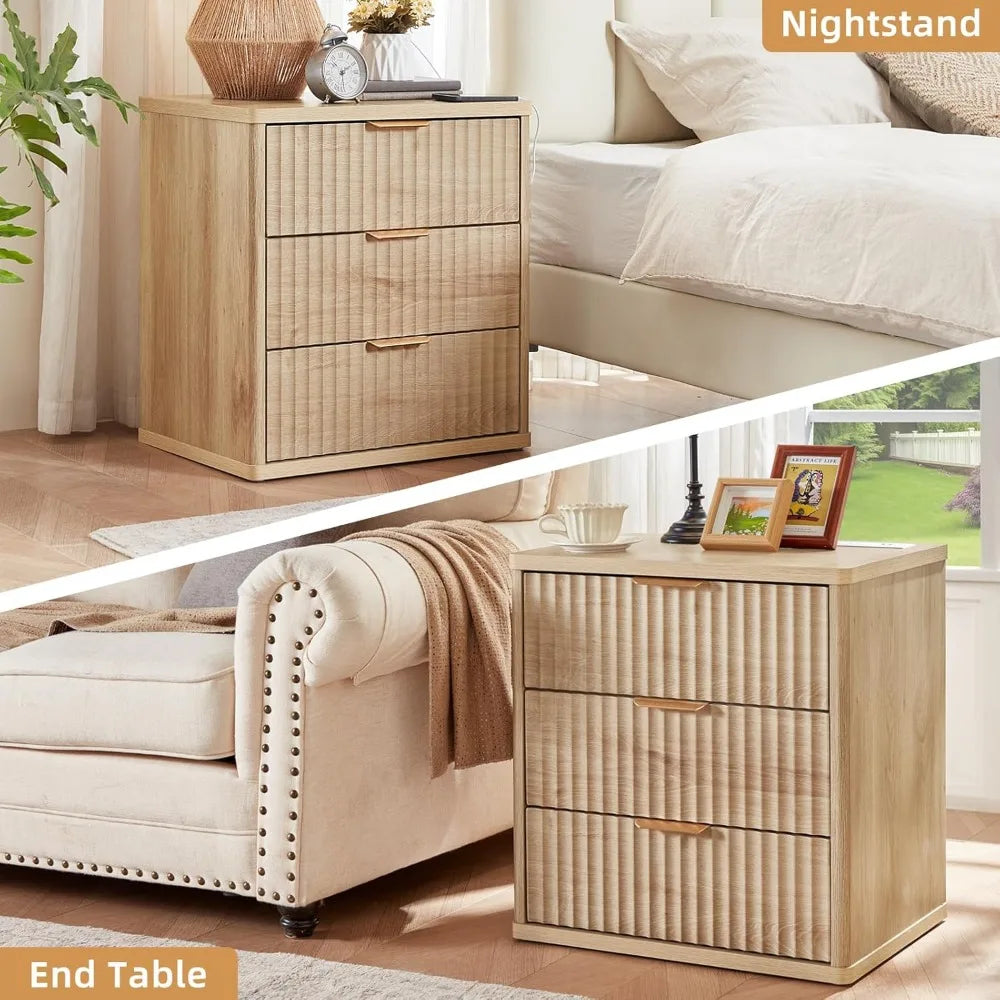 23 Inch Wide Fluted Night Stand Set of 2 with Charging Station and Drawers