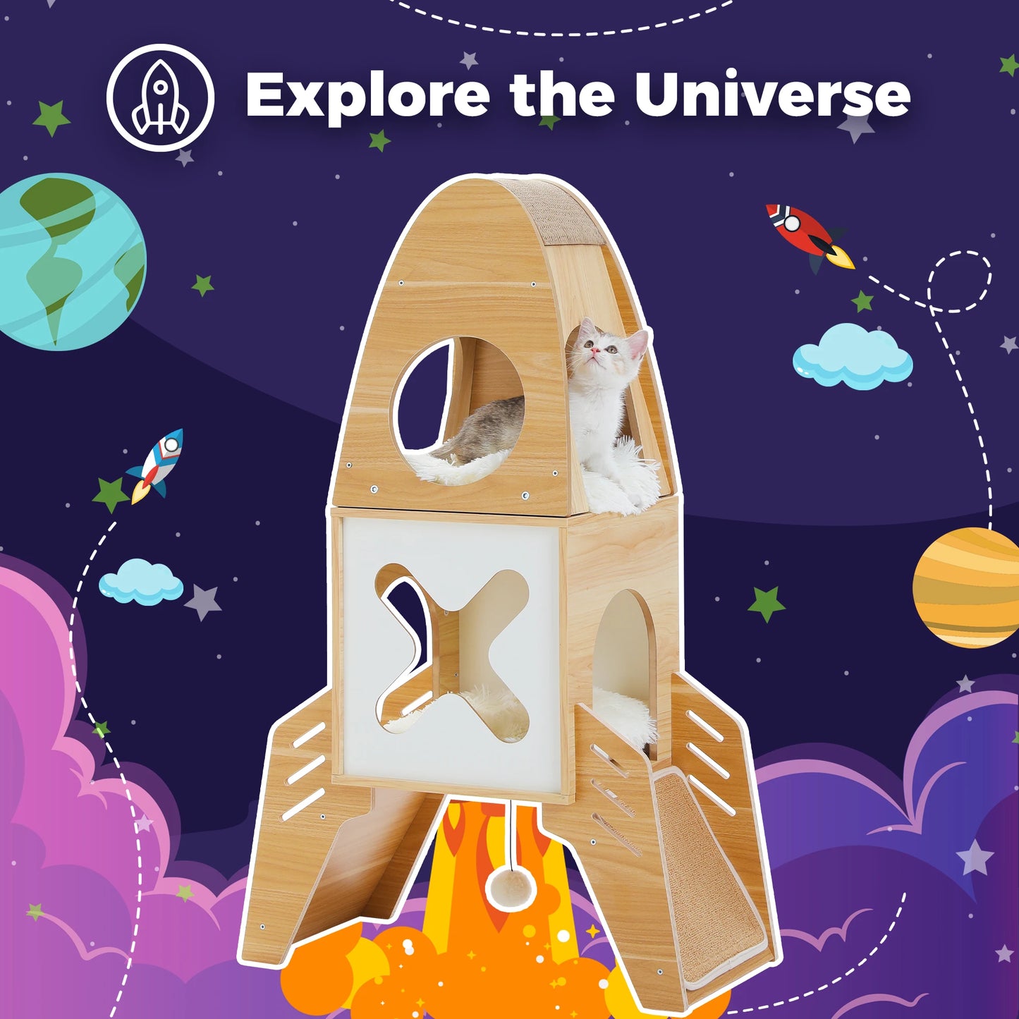 Modern Cat Tree Rocket Shape Wooden Indoor Cat Tower with Playhouse