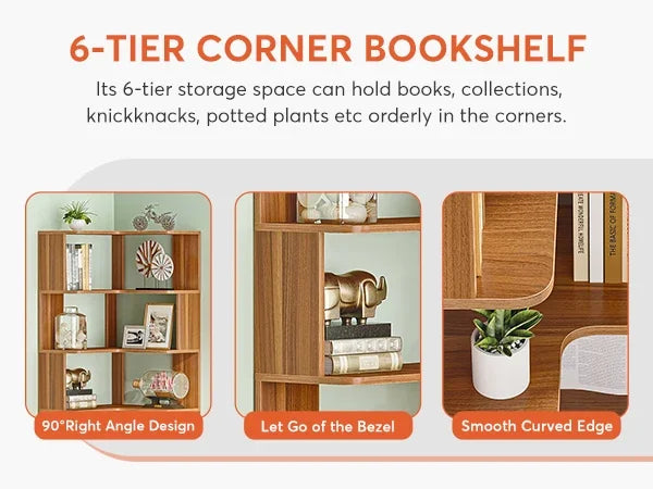 Ljustra 6 Tier Corner Bookshelf Industrial Wood Grain Bookcase