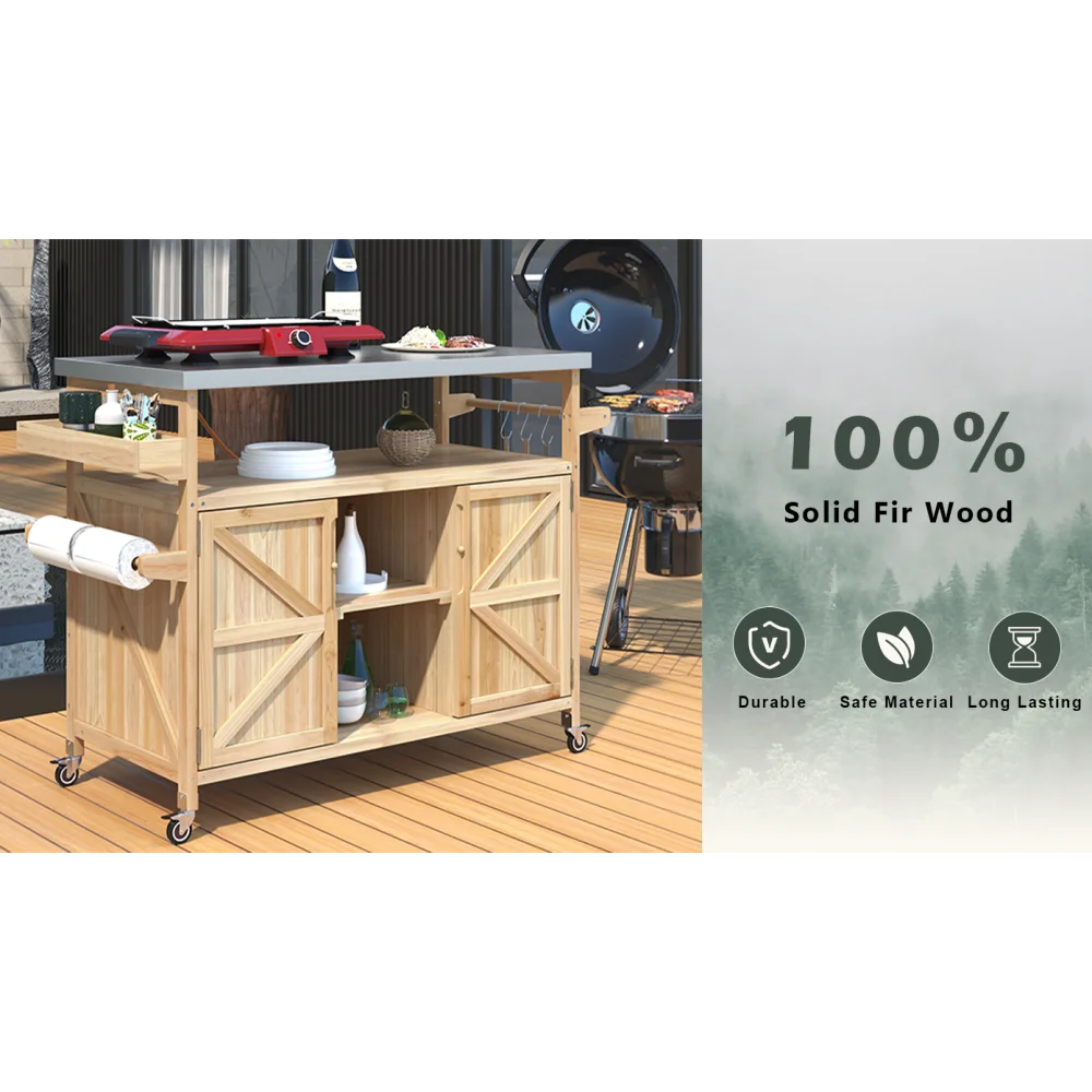 Outdoor Kitchen Island Rolling Bar Cart Storage Cabinet Grill Table
