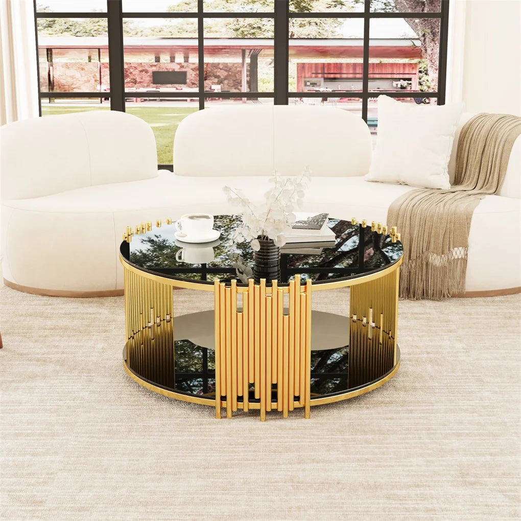 Modern Minimalist Stainless Steel Circular Coffee Table Black Glass