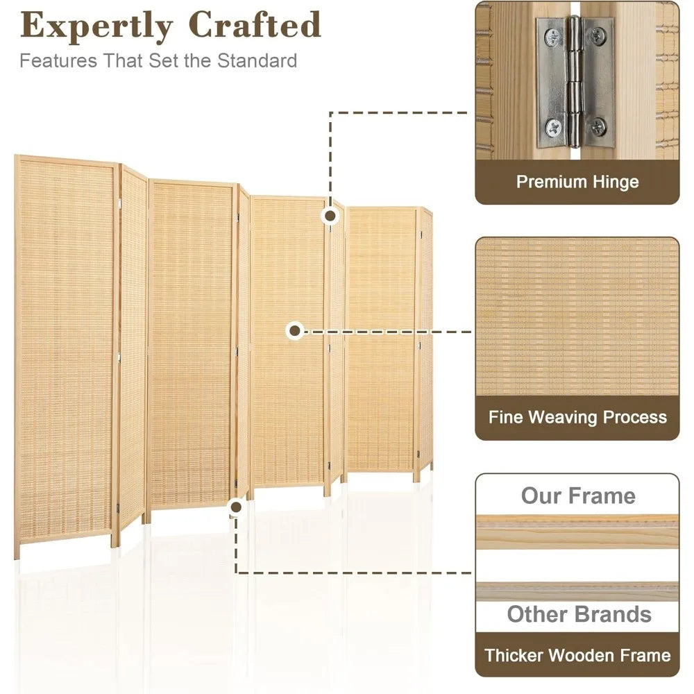 8 Panel Bamboo Room Divider Folding Privacy Screen Natural Wood
