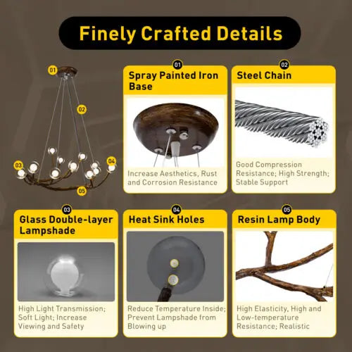 Vintage Rustic Tree Branch Glass Ball Chandelier Nordic Hanging Lamp