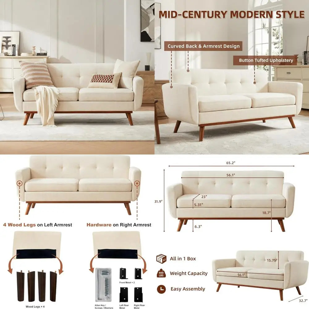 Mid Century Modern Loveseat Sofa Button Tufted Upholstered Couch