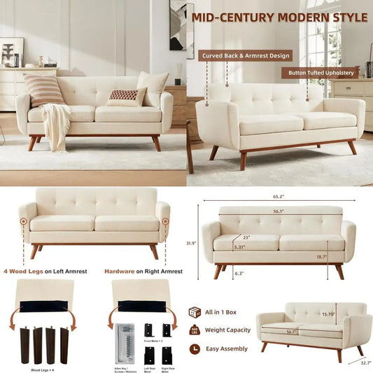 Mid Century Modern Loveseat Sofa Button Tufted Upholstered Couch