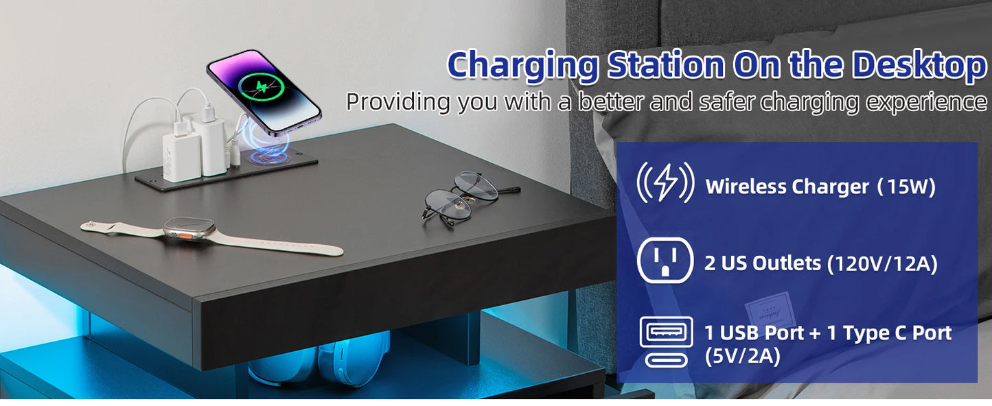 Nightstand with Wireless Charging USB Ports Modern Bedside Table Storage