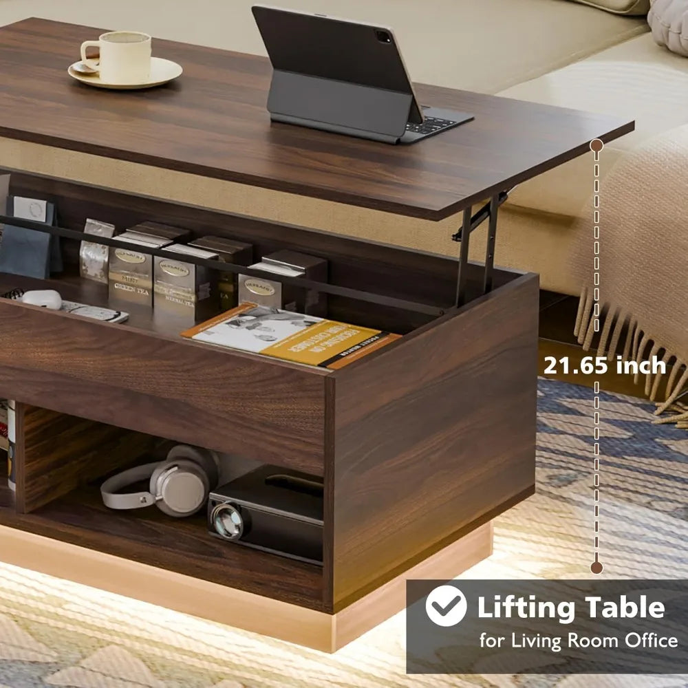 Lift Top Coffee Table with Storage Adjustable LED Modern Table