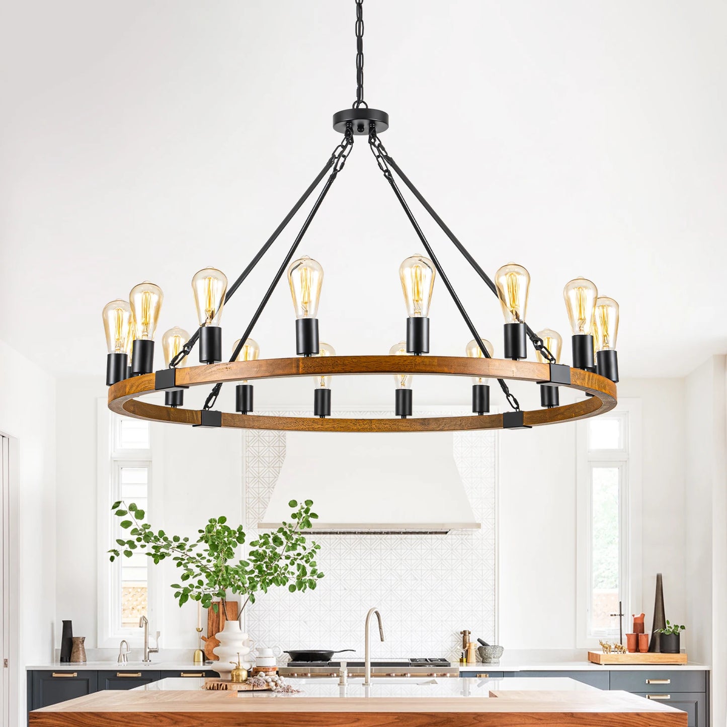 Wood Wagon Wheel Chandelier Rustic Farmhouse 16-Light Pendant Light