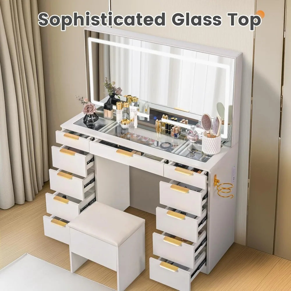 Ljustra Glass Top Vanity Desk with Mirror and Lights 11 Drawers Stylish Design