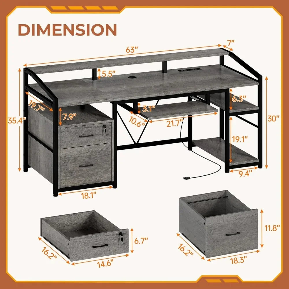 63 Inch Computer Desk Office Desk with Lockable Drawers LED Lights Power Outlet