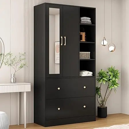 Wardrobe Armoire Closet with Mirror and Drawers Extendable Rod