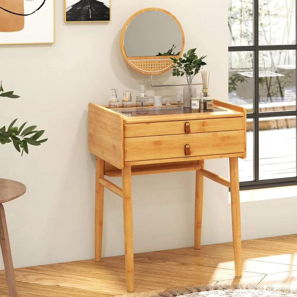 Bamboo Vanity Desk with Rotating Mirror Glass Top 2 Drawers Natural