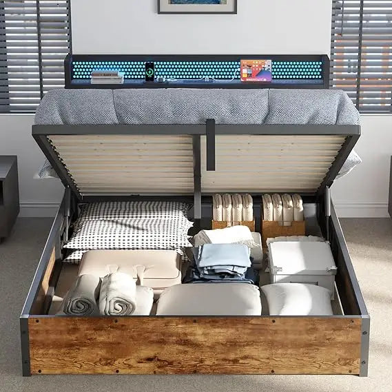 Ljustra Queen Size Lift Up Bed Frame with LED Light Storage Headboard