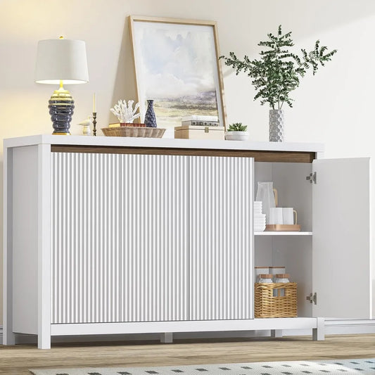 Fluted Storage Cabinet Modern White Sideboard with 4 Doors Adjustable Shelves