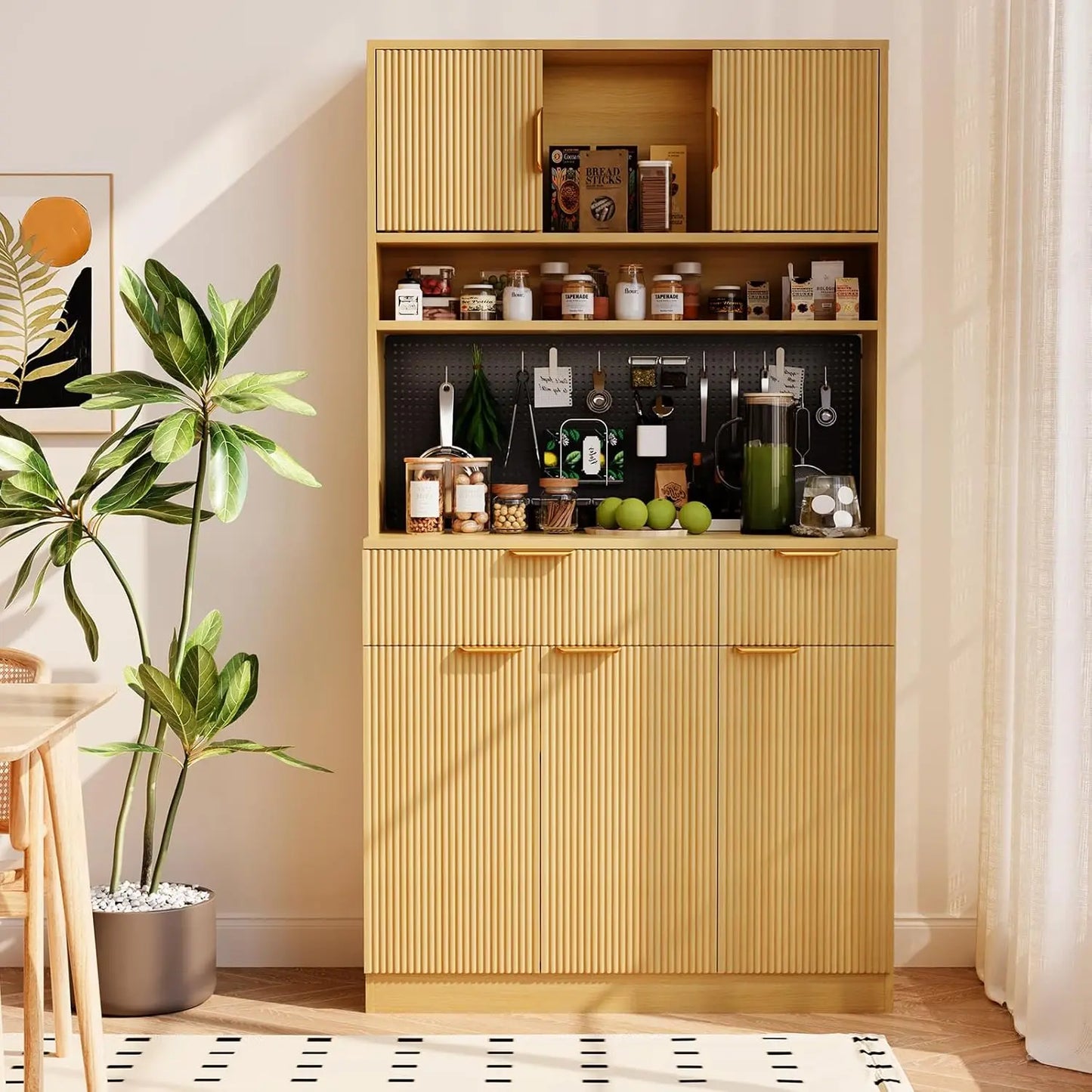 Kitchen Pantry Cabinet with Countertop Power Outlet Adjustable Shelves