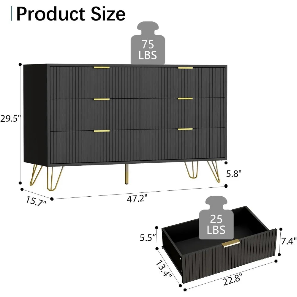 Modern 6 Drawer Dresser with Gold Handles for Bedroom and Living Room