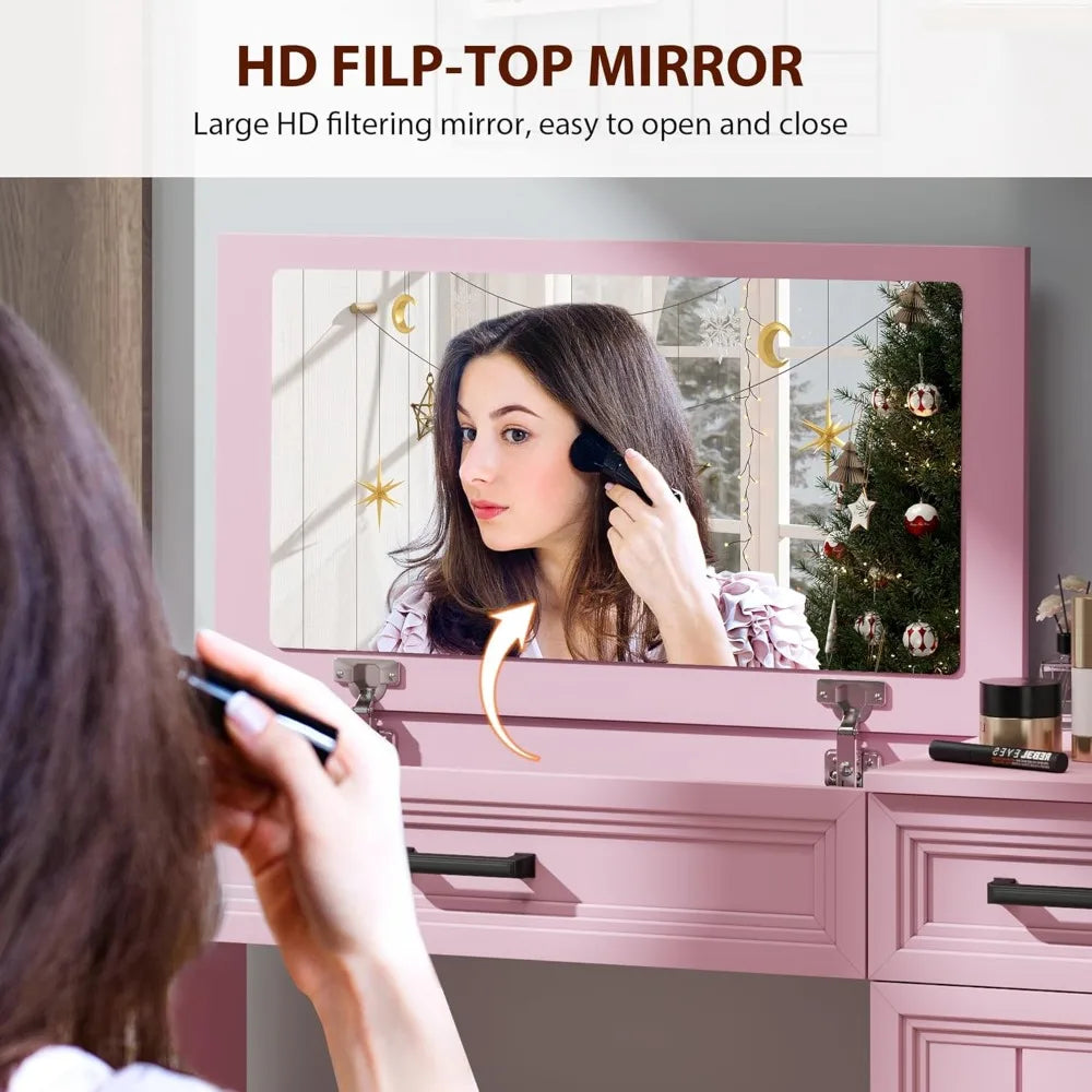 Farmhouse Vanity with Flip Mirror and Storage Cabinet for Bedroom