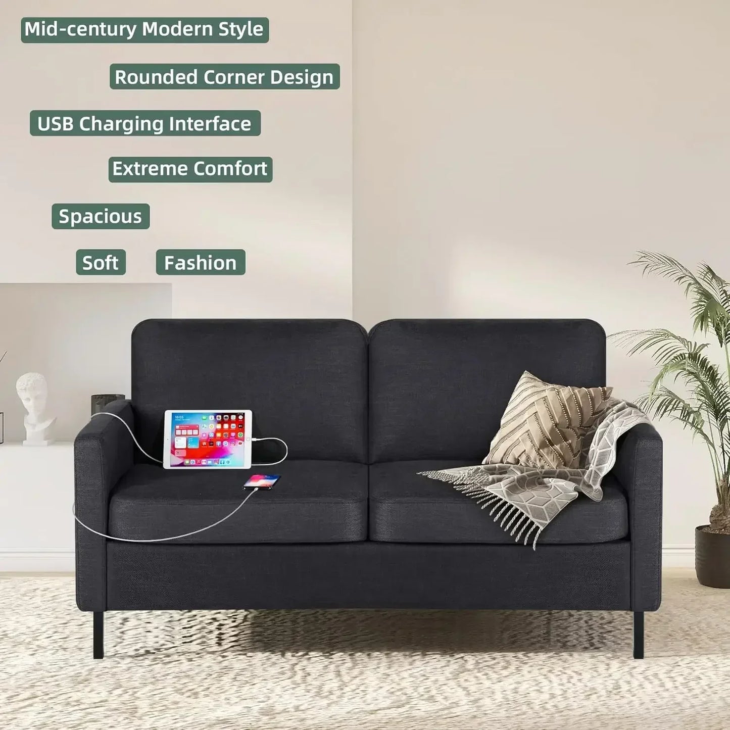 Ljustra 56" Loveseat Sofa with USB Ports Modern Small Couch