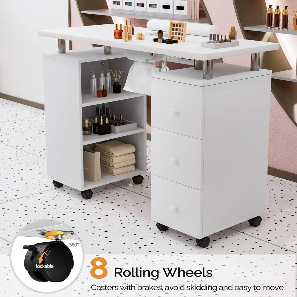 Manicure Table Nail Desk with Electric Downdraft Vent Lockable Wheels