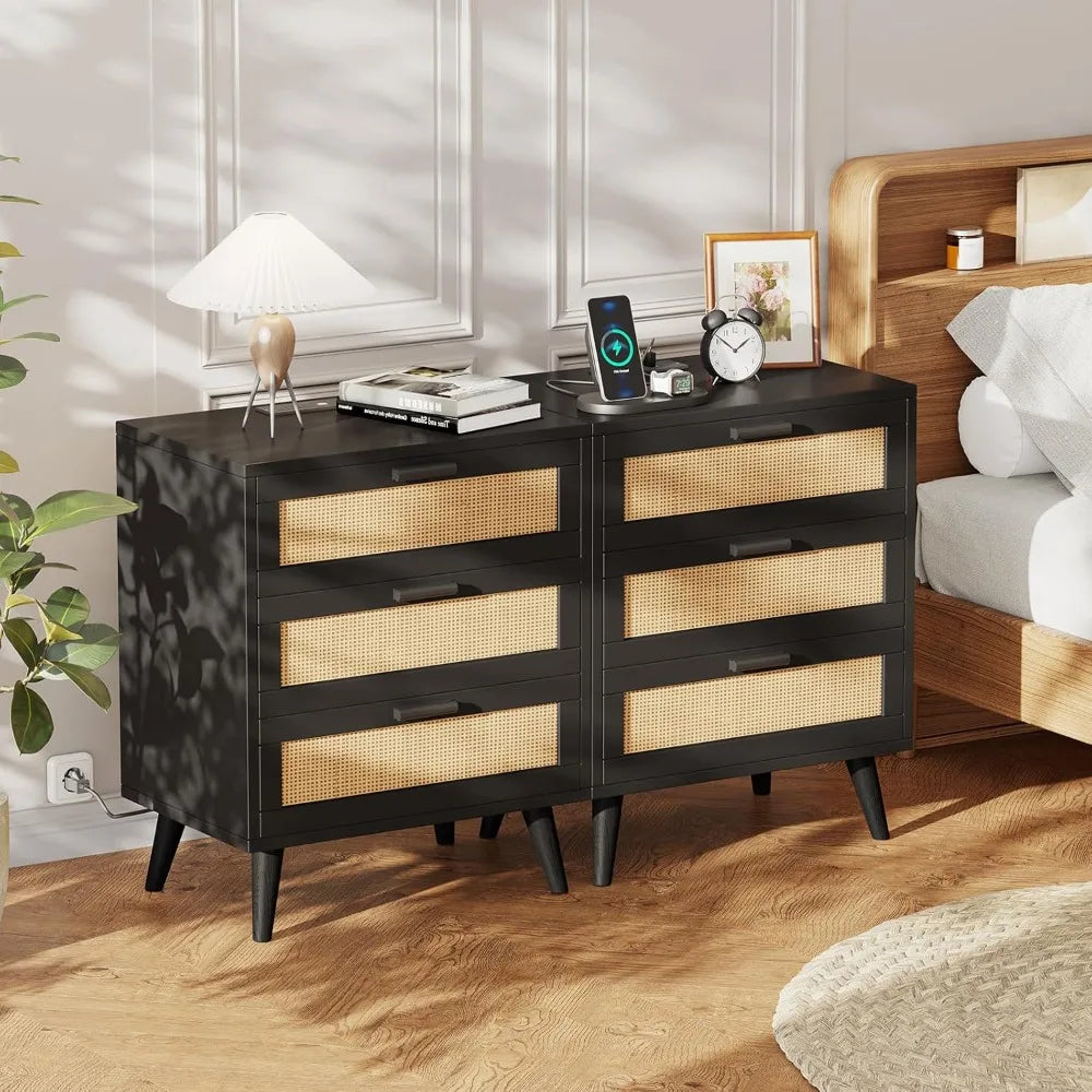Set of 2 Rattan Nightstands with Charging Station and 6 Drawers