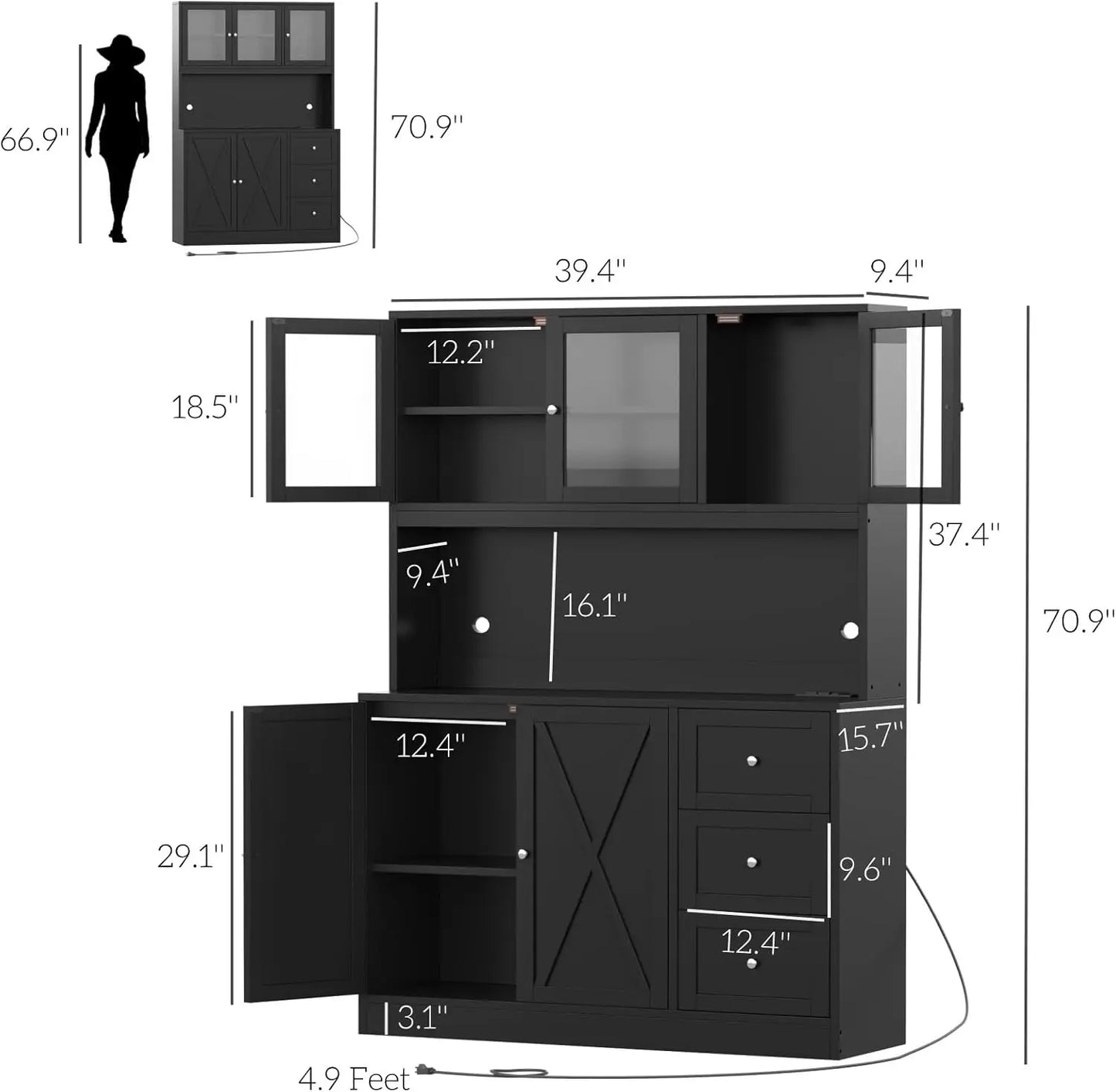 Kitchen Pantry Hutch with Microwave Stand Boho Storage Cabinet