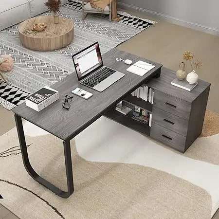 L-Shaped Home Office Desk with Storage 3 Drawers 2 Shelves Modern Design