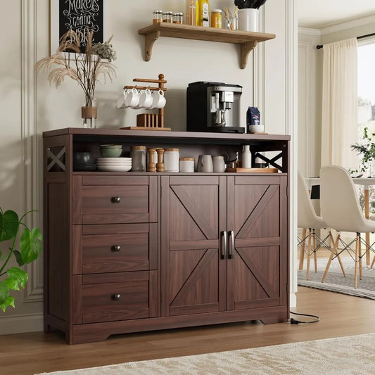 47 Inch Dark Brown Farmhouse Storage Cabinet with Barn Doors and Drawers