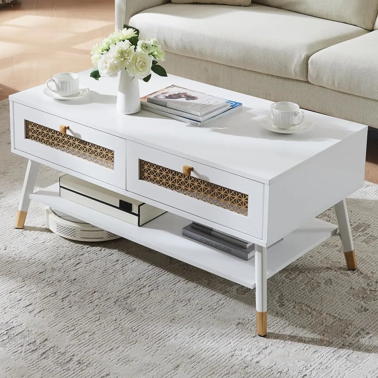 Wooden Mid Century Modern Coffee Table with Storage for Living Room