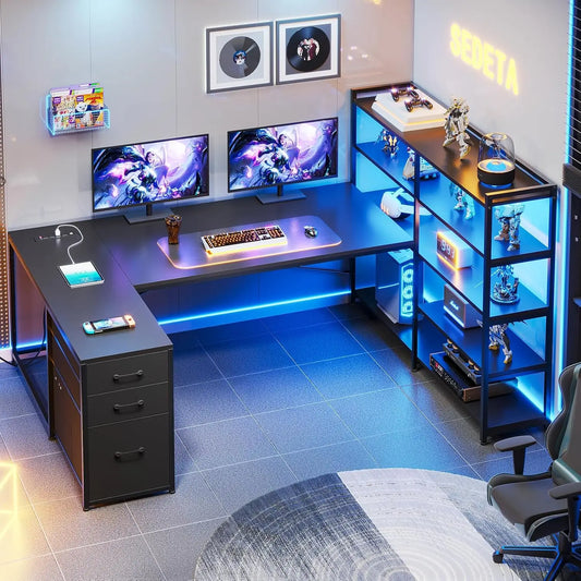 L Shaped Gaming Desk with Power Outlet LED Lights and Storage Shelves